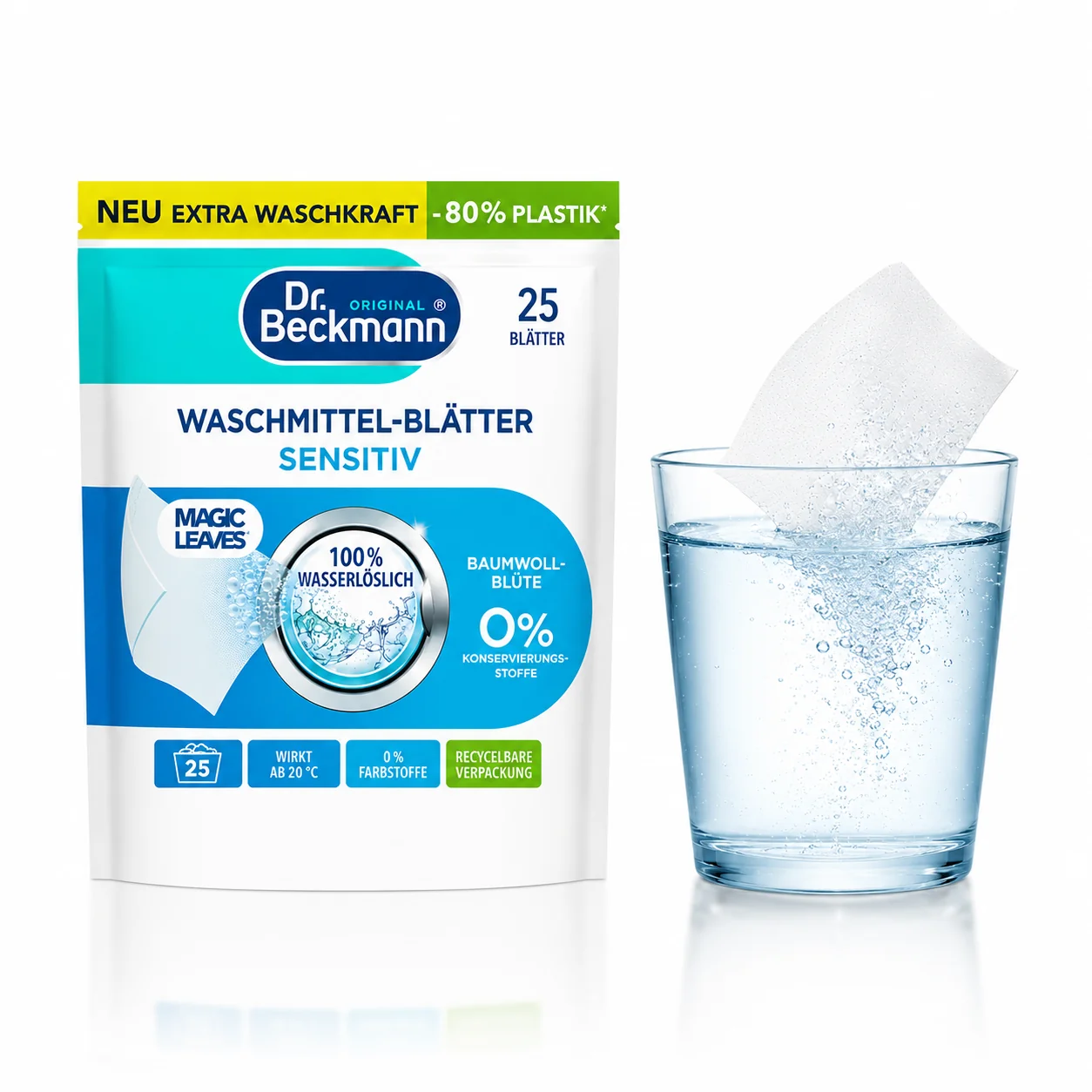 Dr. Beckmann Magic Leaves Sensitive wasmiddelblad volledig oplosbaar in water zonder resten