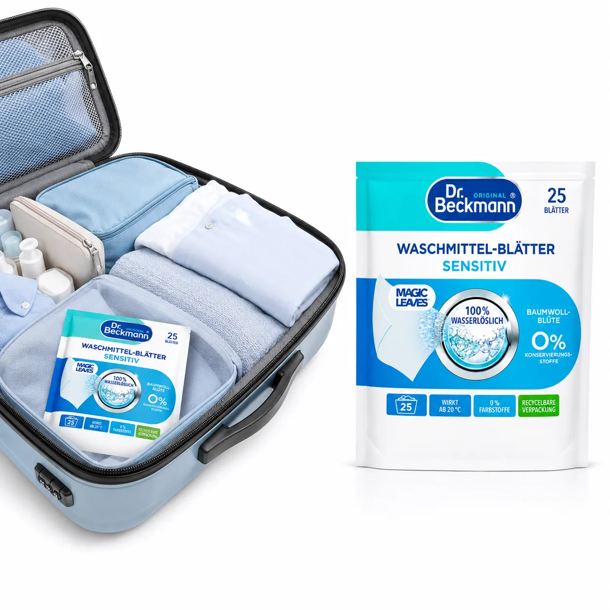 Dr. Beckmann Magic Leaves Sensitive compact formaat ideaal voor reizen, vakantie en onderweg