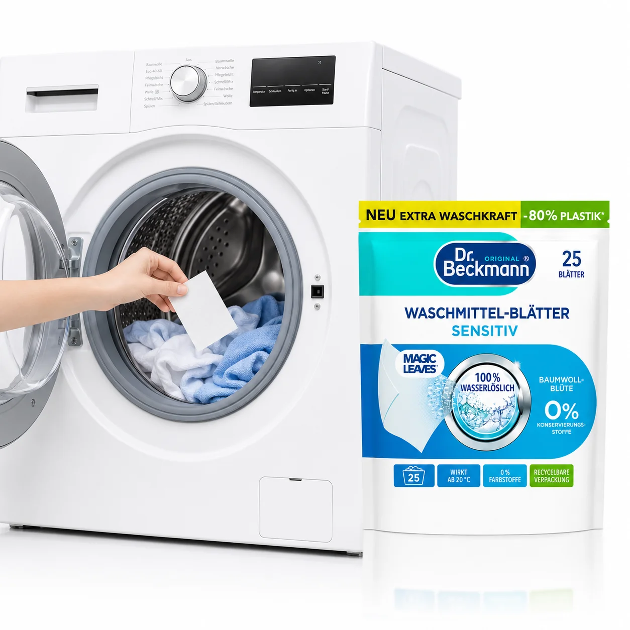 Dr. Beckmann Magic Leaves Sensitive eenvoudig doseren met wasmiddelblad direct in de wasmachine