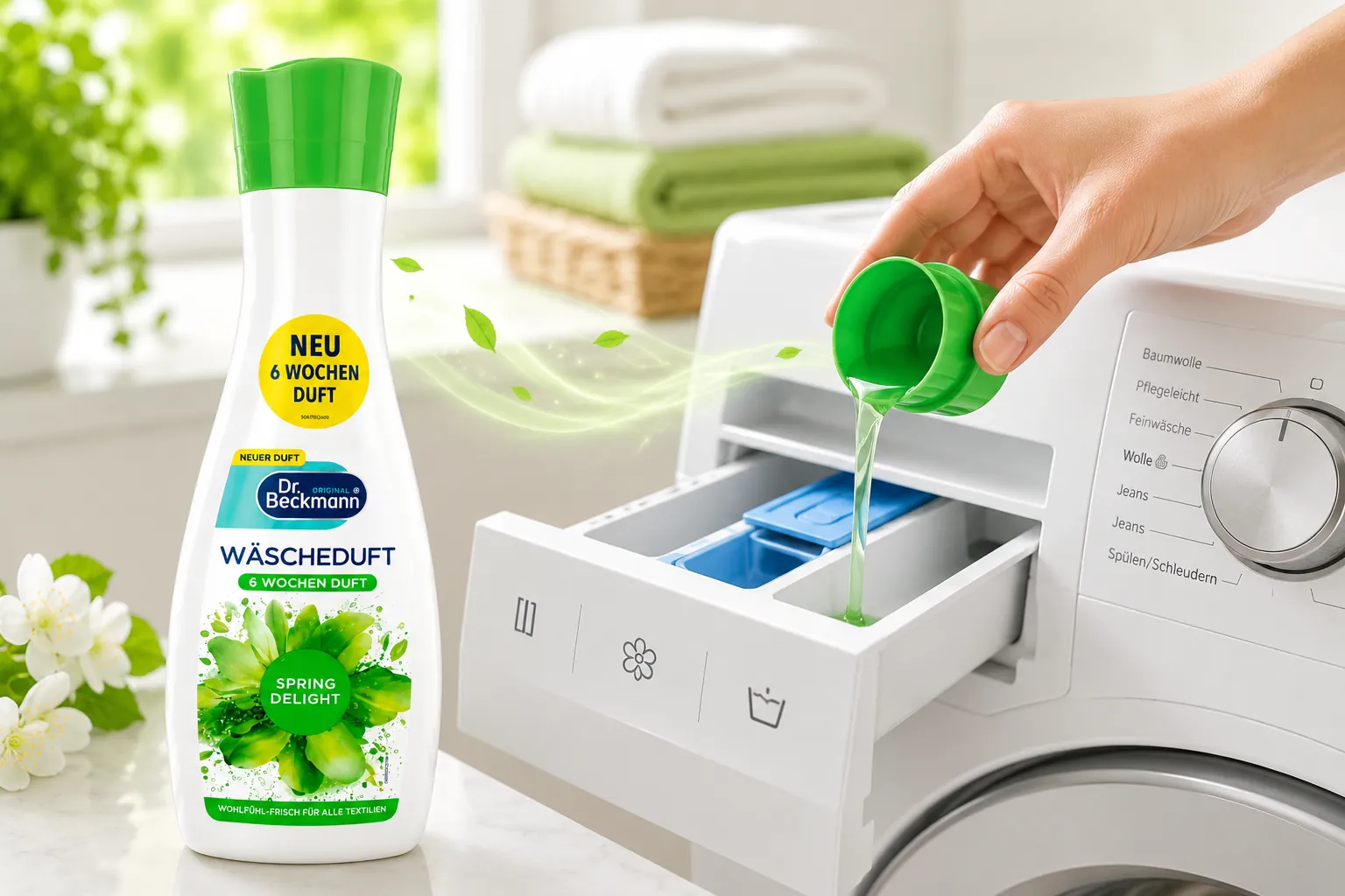 Wasparfum toevoegen aan het wasverzachtervakje van de wasmachine voor een langdurig frisse geur