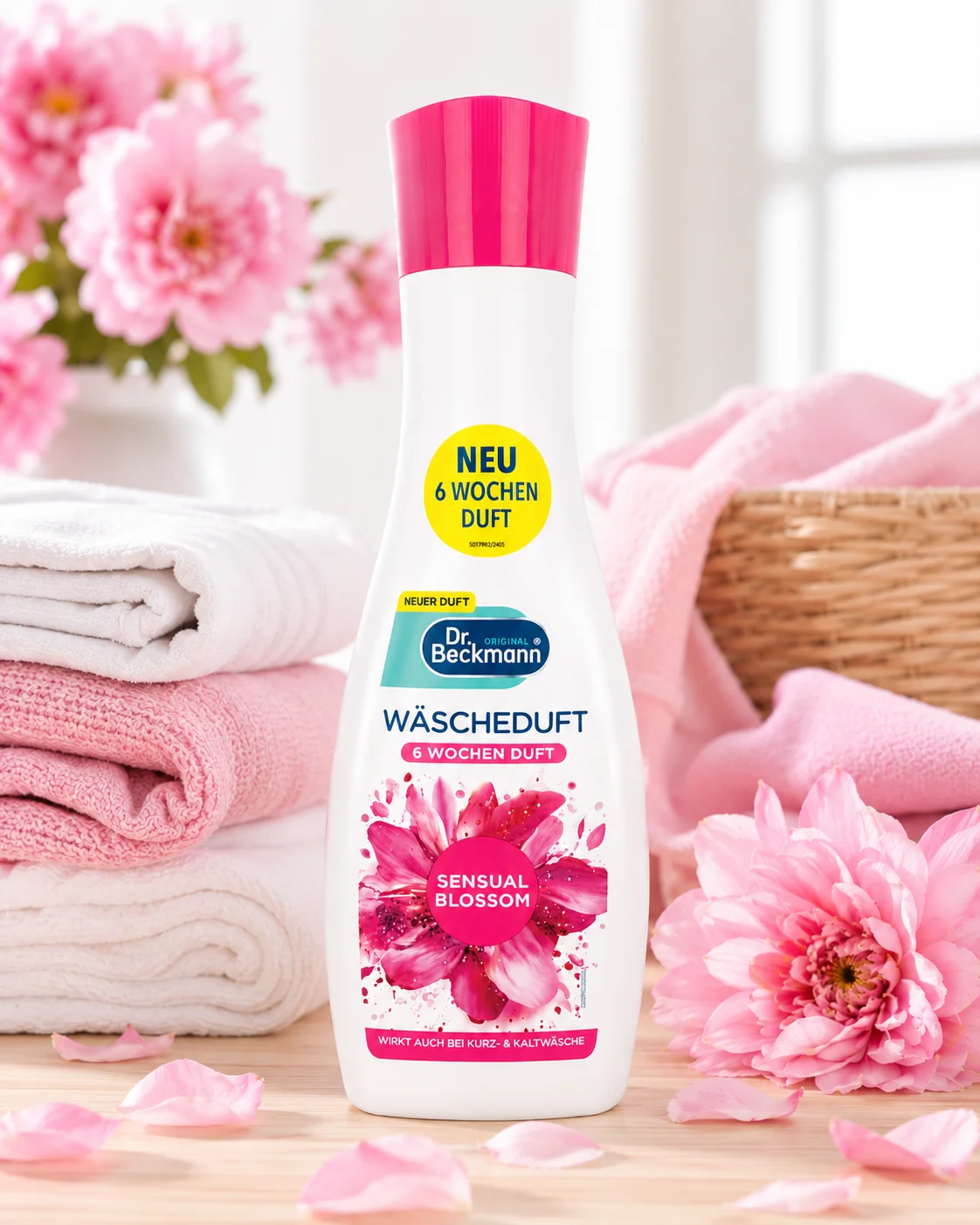 Dr. Beckmann Wasparfum Sensual Blossom 250 ml met opgevouwen wasgoed en zachte bloemige sfeer