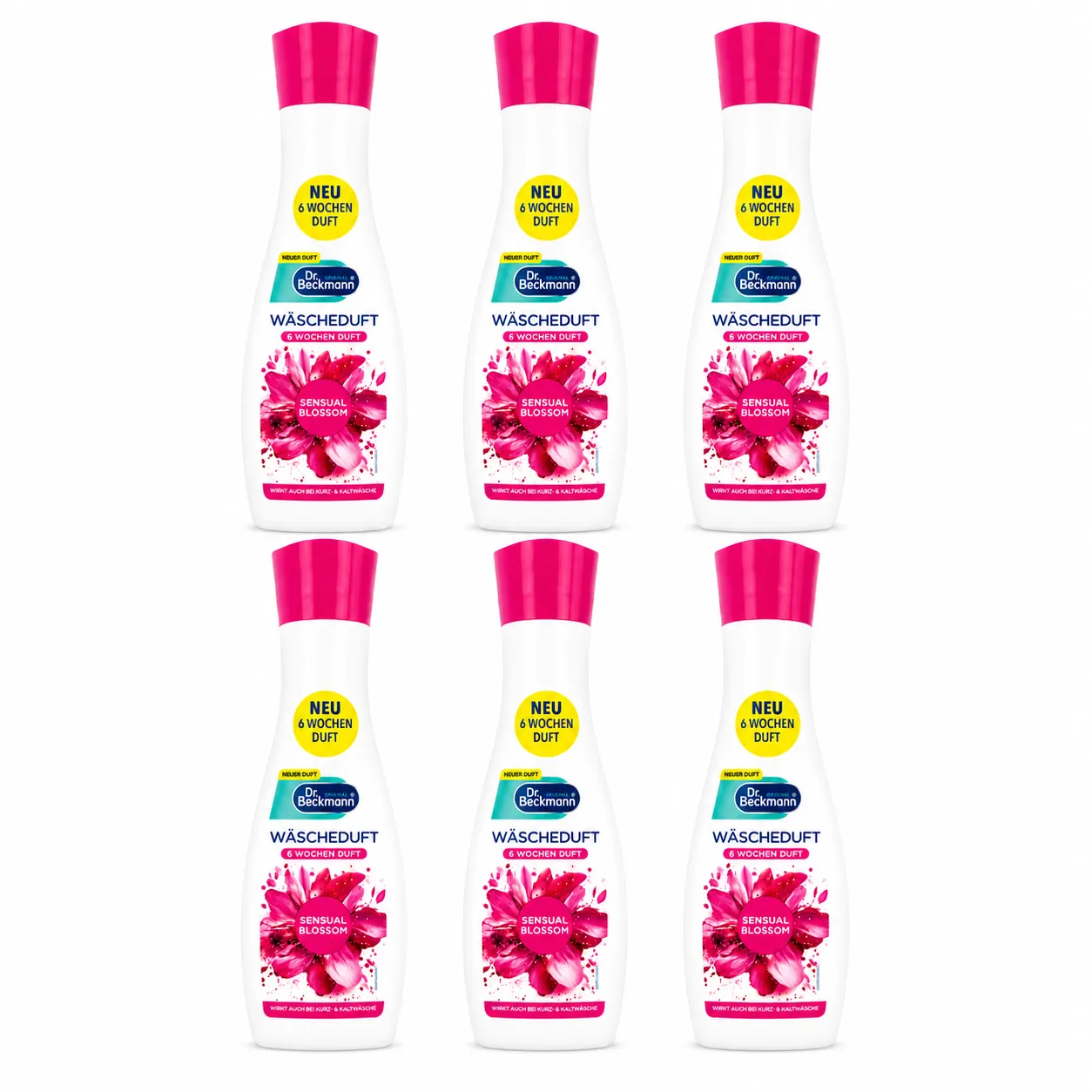 Dr. Beckmann Wasparfum Sensual Blossom 250 ml voordeelverpakking 6 stuks op witte achtergrond