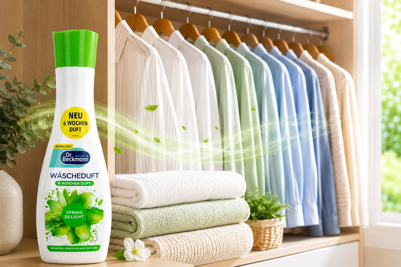 Fris geurende kledingkast met schoon textiel behandeld met Dr. Beckmann Wasparfum Spring Delight
