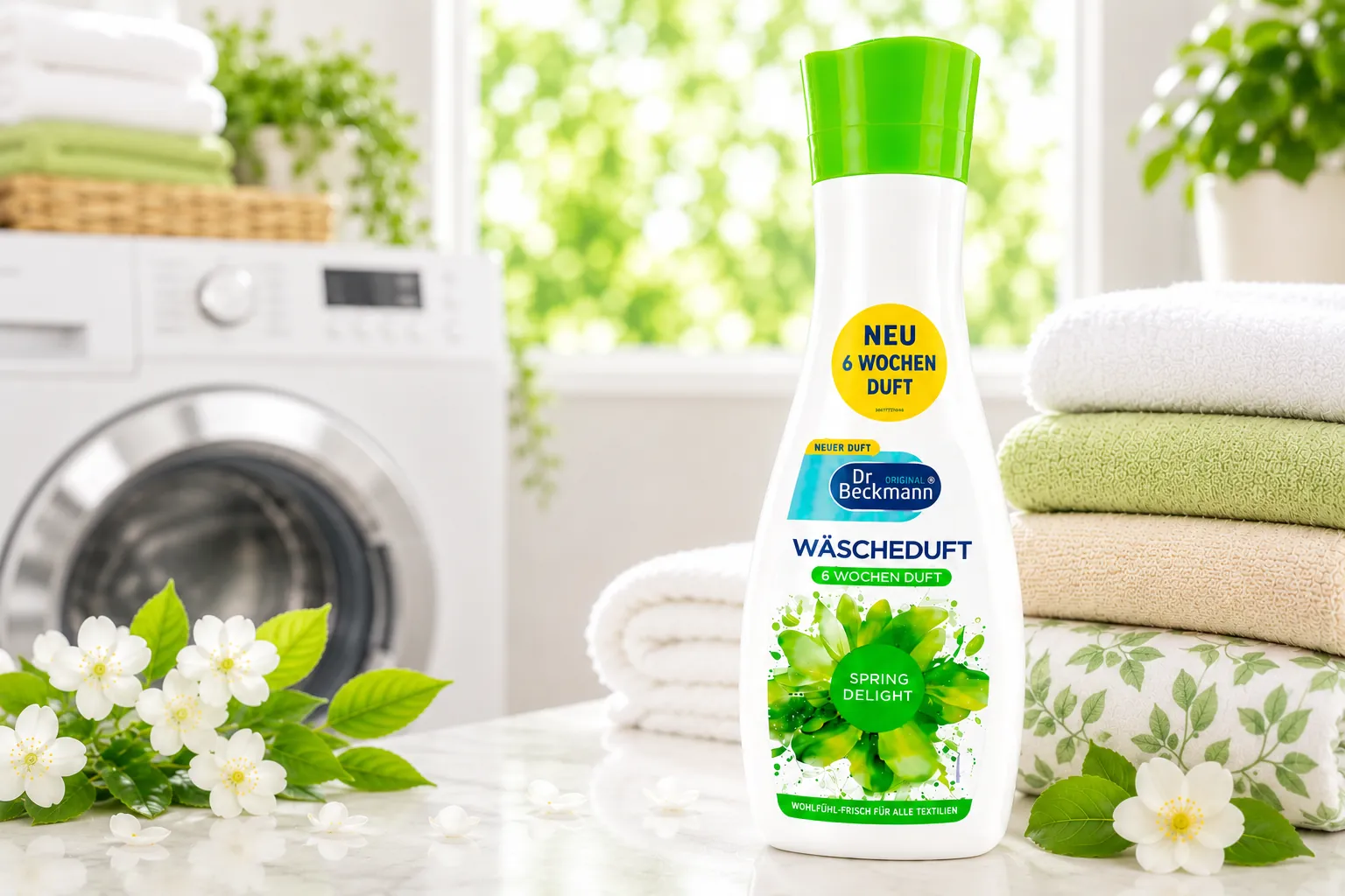 Dr. Beckmann Wasparfum Spring Delight in moderne wasruimte met frisse handdoeken en langdurige wasgeur
