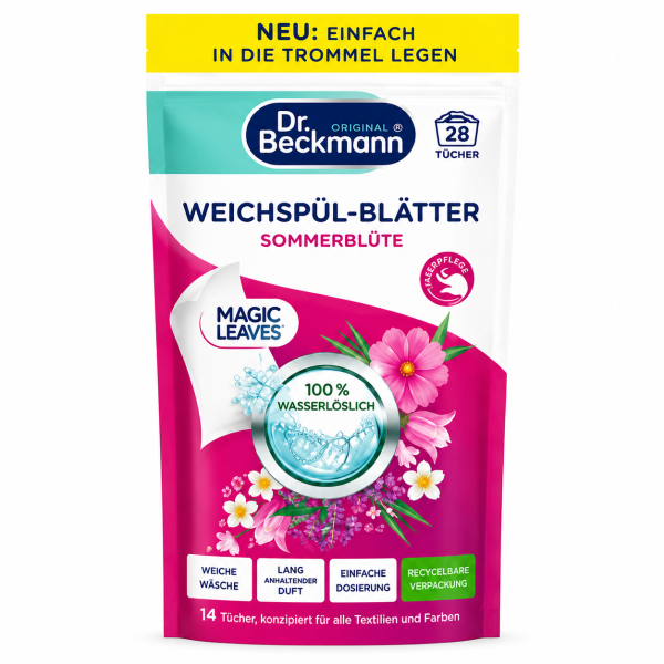 Dr. Beckmann Wasverzachterdoekjes Zomerbloesem 14 Stuks verpakking op witte achtergrond