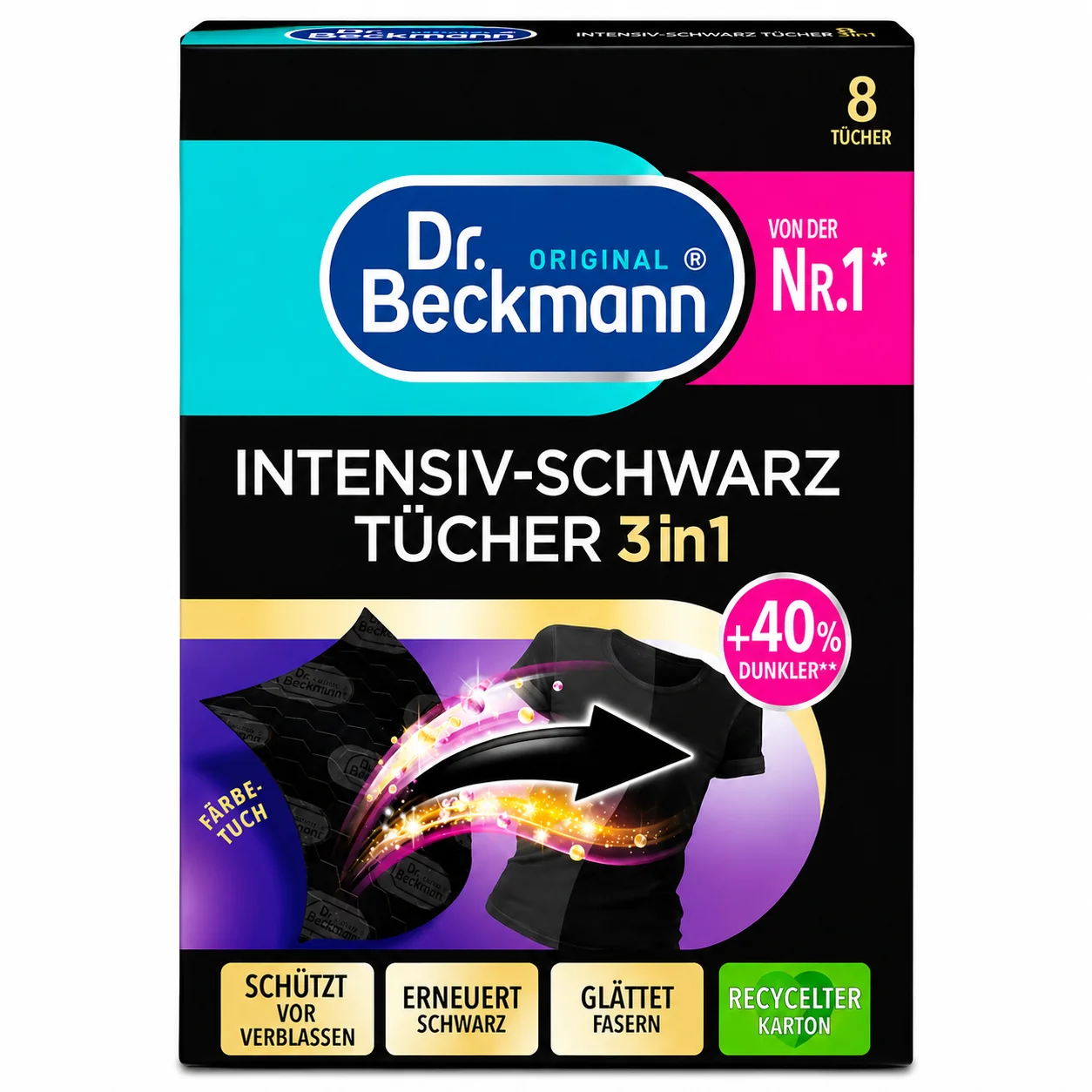Dr. Beckmann Zwarte Kleding Wasdoekjes 3in1 verpakking met 8 wasdoekjes voor zwarte en donkere kleding