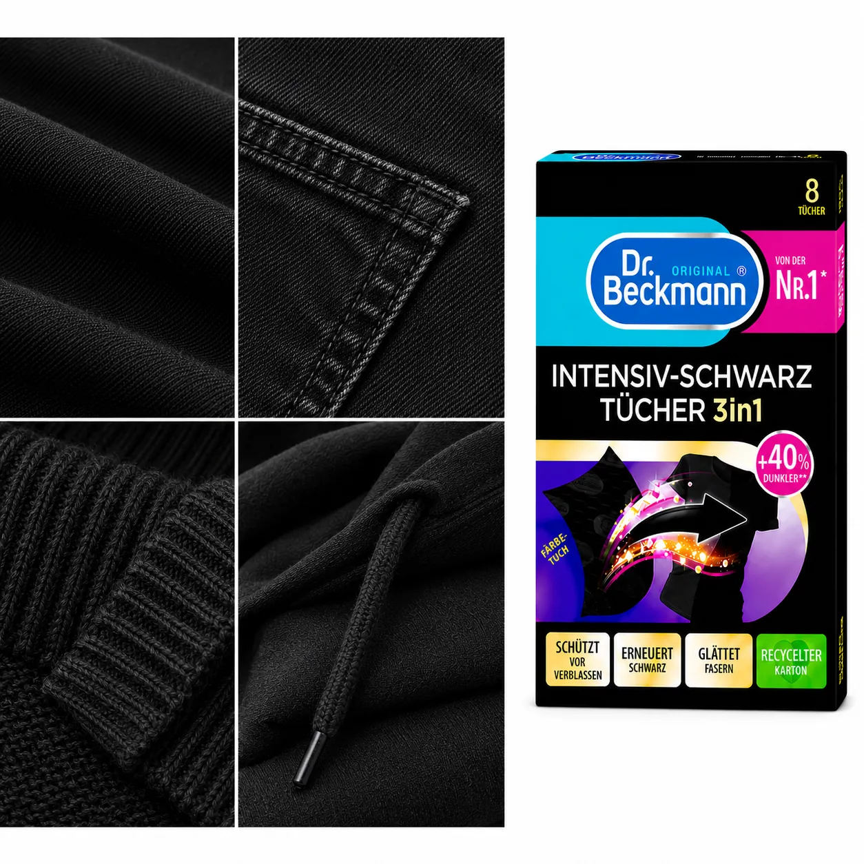 Dr. Beckmann Zwarte Kleding Wasdoekjes beschermen vezels en helpen zwarte stoffen zacht en verzorgd te houden