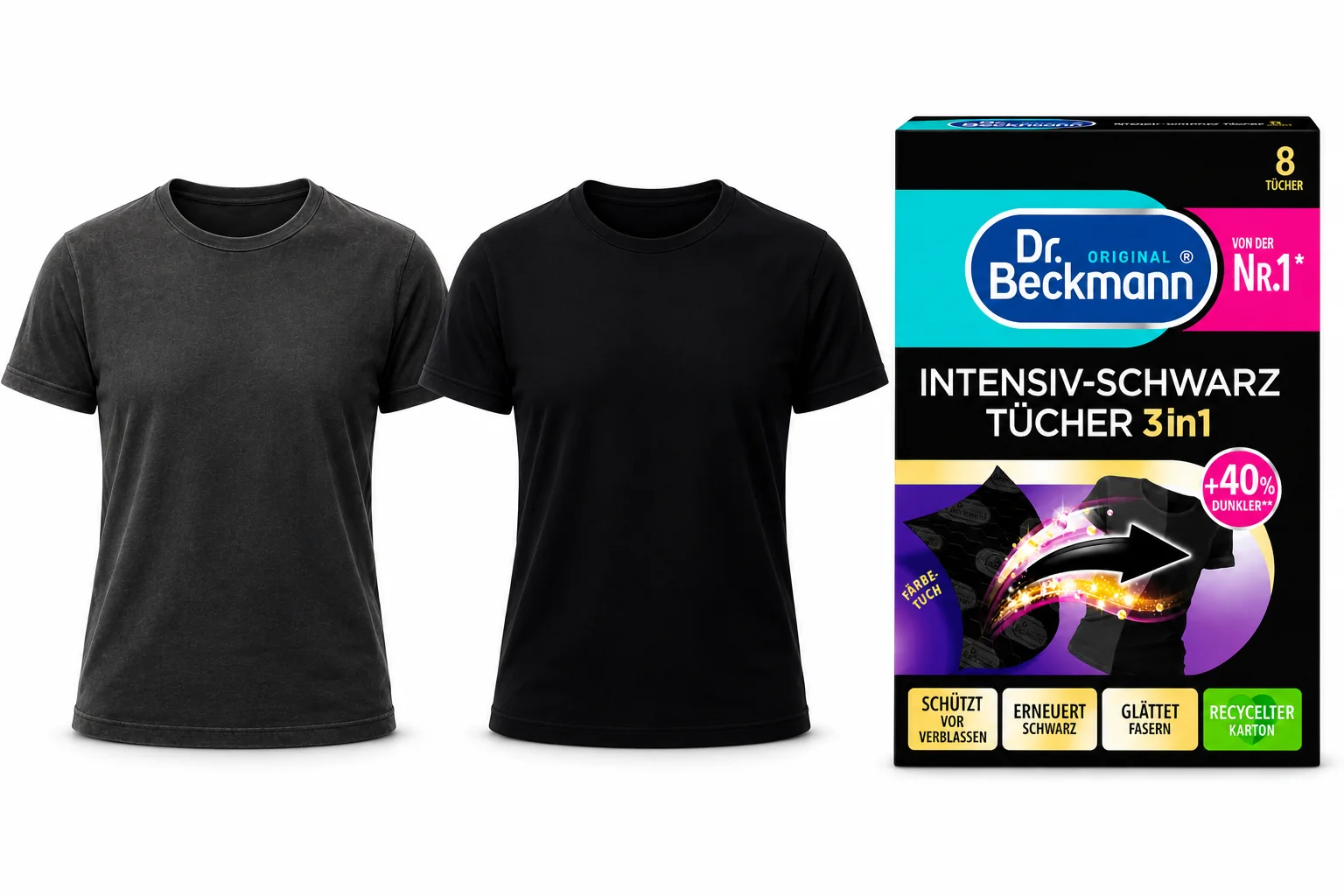 Dr. Beckmann Zwarte Kleding Wasdoekjes voor en na resultaat met zichtbaar diepere zwarte kleuren na het wassen