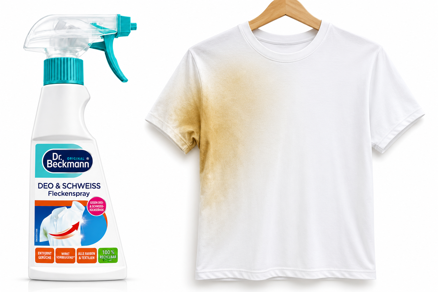 Dr. Beckmann Deo & Zweetvlekken Verwijderaar verwijdert gele zweetvlekken uit wit katoenen T-shirt