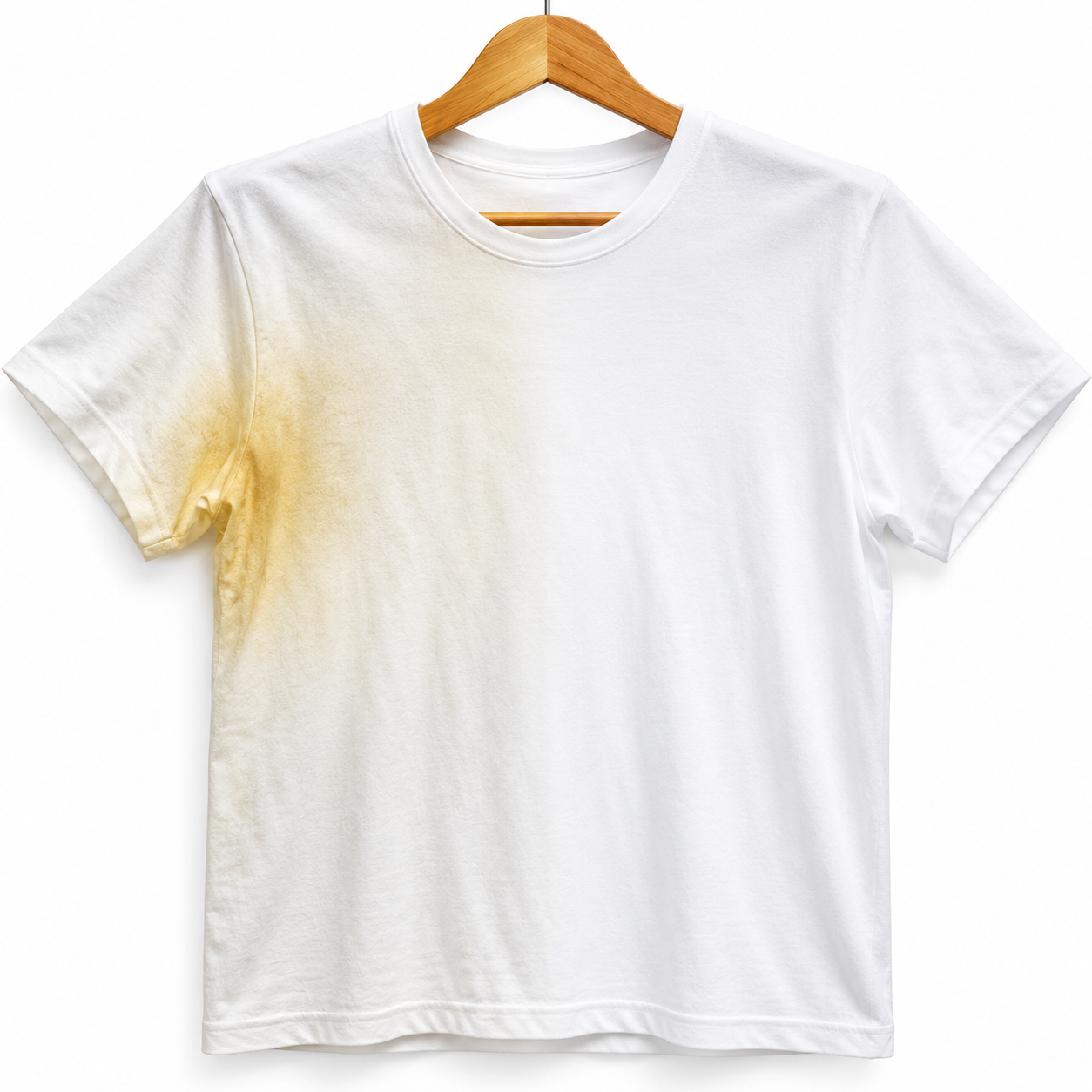 Voor en na resultaat van het verwijderen van gele okselvlekken en zweetvlekken uit wit T-shirt