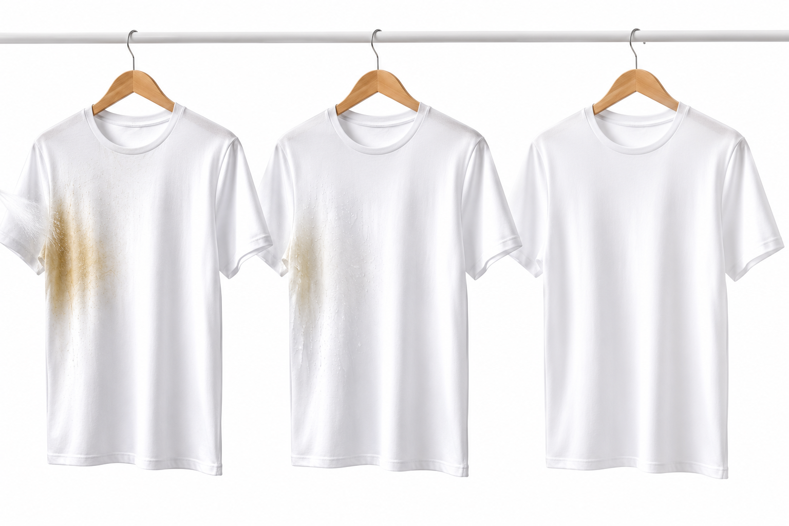 Eenvoudig zweetvlekken verwijderen uit kleding met sprayen, laten inwerken en wassen