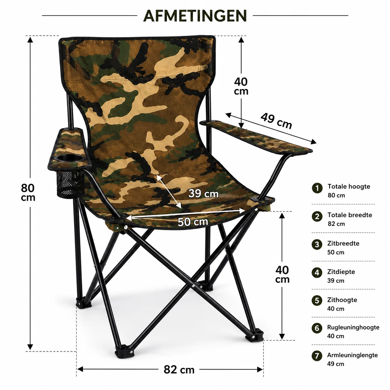 Afmetingen van de Opvouwbare Campingstoel Camouflage met Bekerhouder 80 x 82 cm