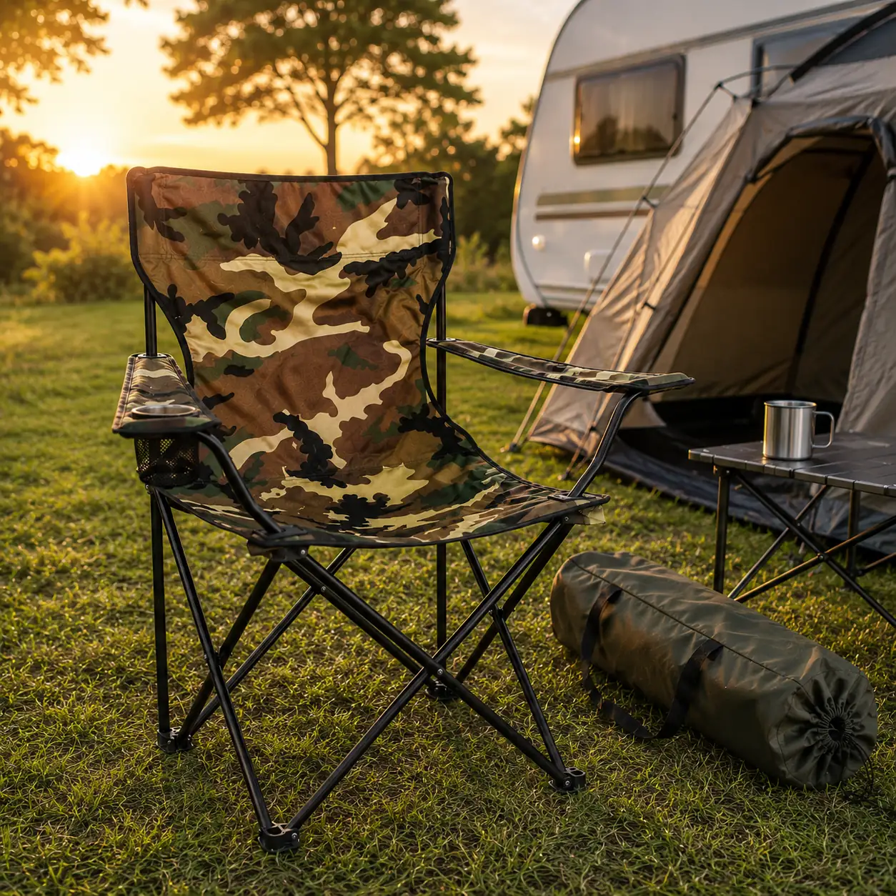 Opvouwbare Campingstoel Camouflage bij caravan en tent op camping