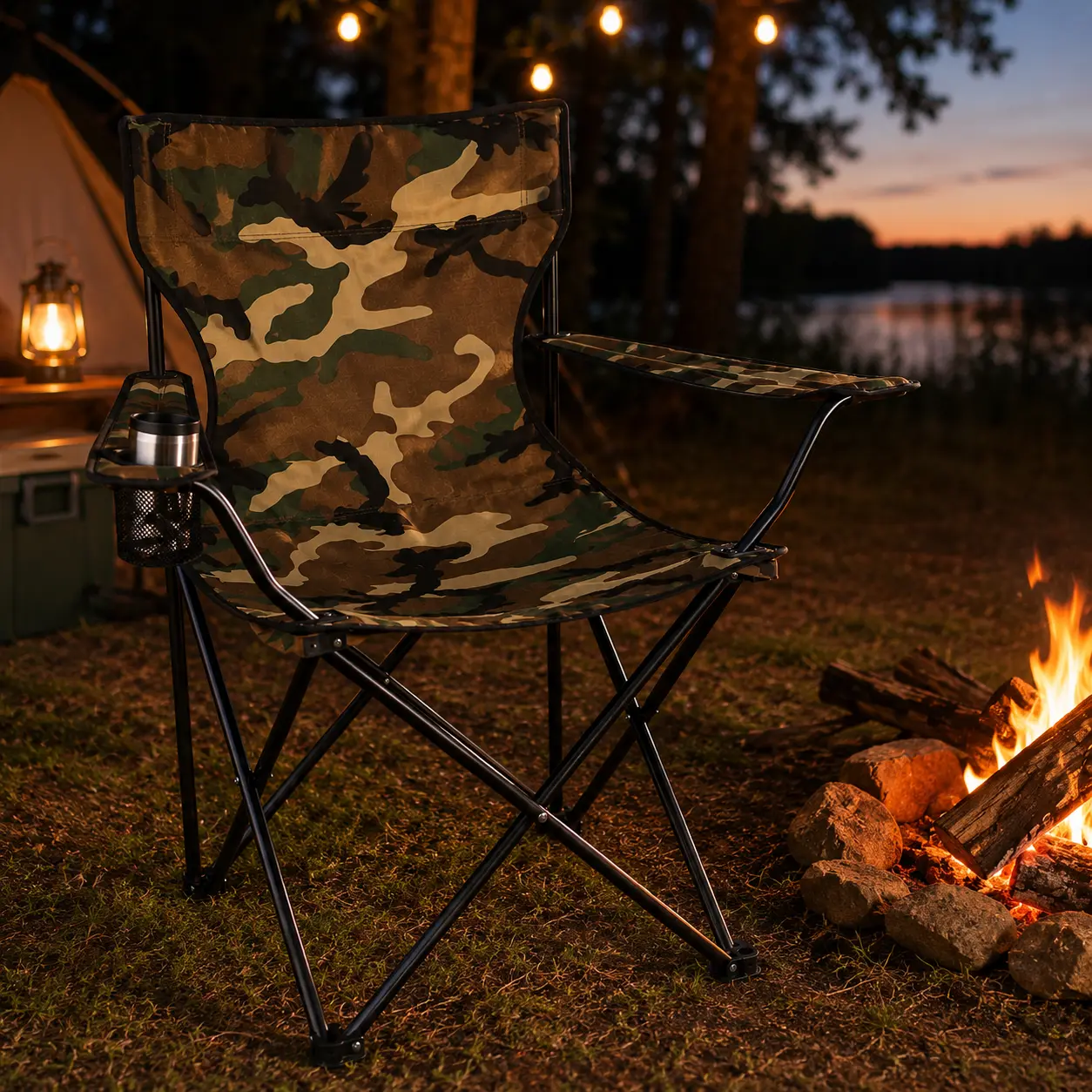 Opvouwbare Campingstoel Camouflage bij kampvuur tijdens kamperen in de avond