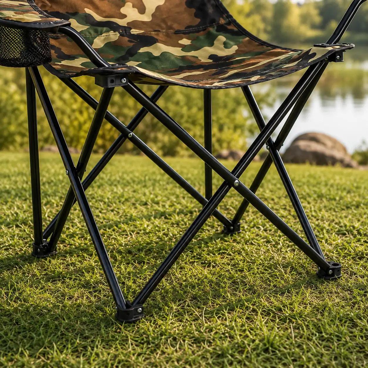 Stevig stalen frame van de Opvouwbare Campingstoel Camouflage in detail