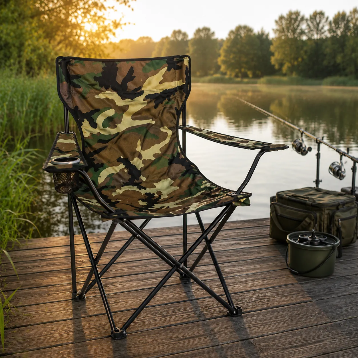 Opvouwbare Campingstoel Camouflage als comfortabele visstoel aan het water