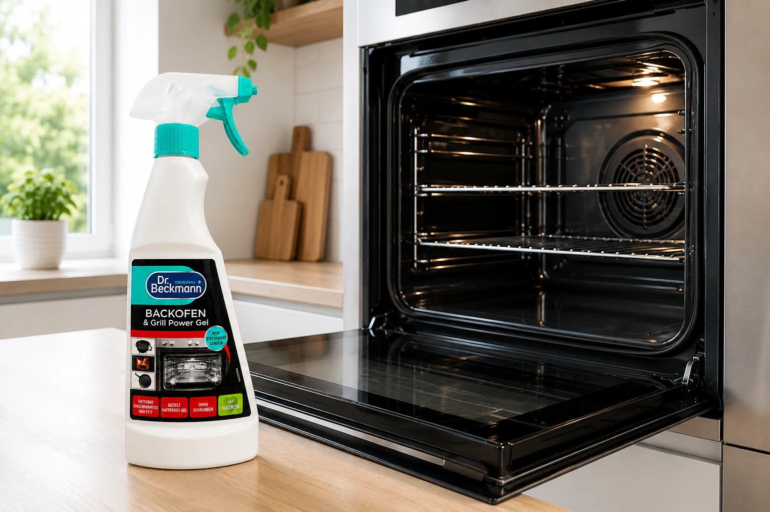 Dr. Beckmann Oven- & Grillreiniger naast een geopende schone oven met schoon ovenrooster