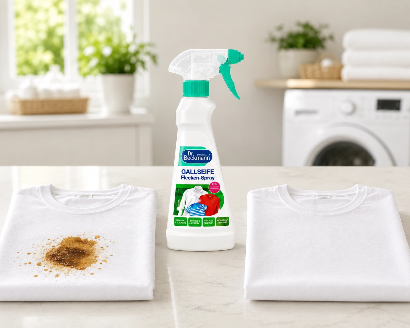 Dr. Beckmann Gallzeep Vlekken-Spray 250 ml voor en na het verwijderen van een hardnekkige koffievlek
