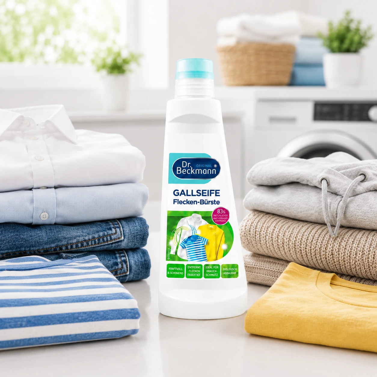 Dr. Beckmann Gallzeep Vlekkenborstel 250 ml omringd door schone dagelijkse kleding en verschillende stoffen