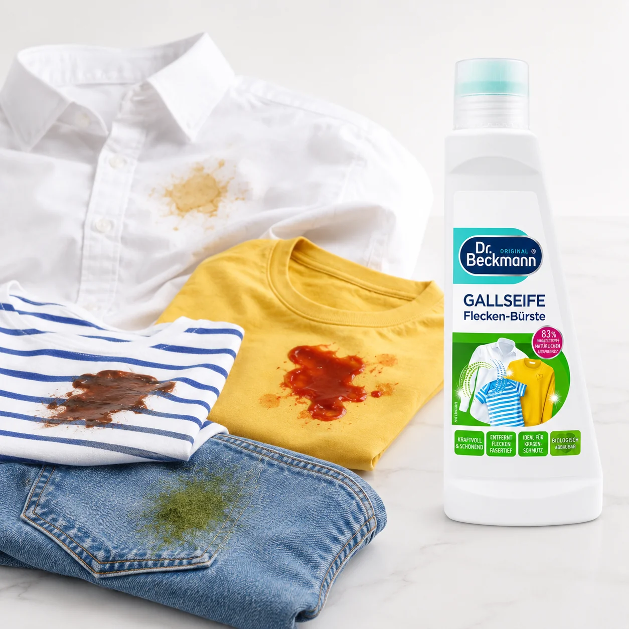 Dr. Beckmann Gallzeep Vlekkenborstel 250 ml naast kleding met vet-, ketchup-, chocolade-, gras- en make-upvlekken