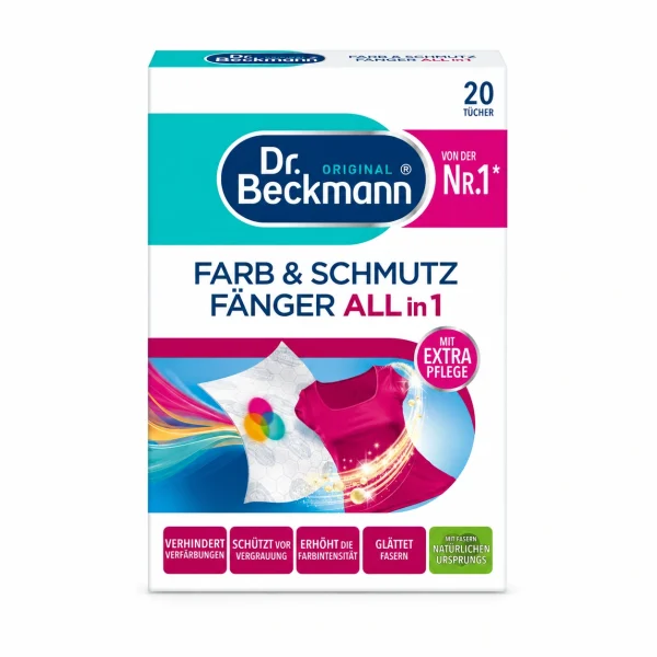 Dr. Beckmann Kleur- en Vuilvanger All in 1 met 20 kleurvangdoeken op witte achtergrond
