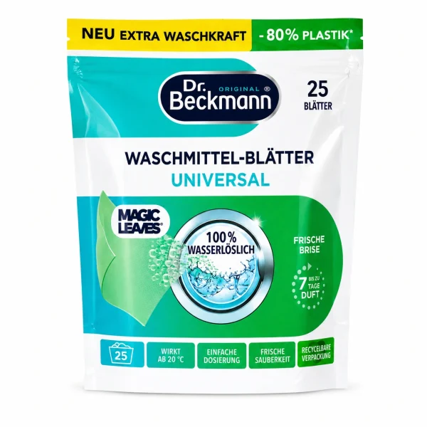 Dr. Beckmann Magic Leaves Wasvellen verpakking met 25 wasbeurten op witte achtergrond
