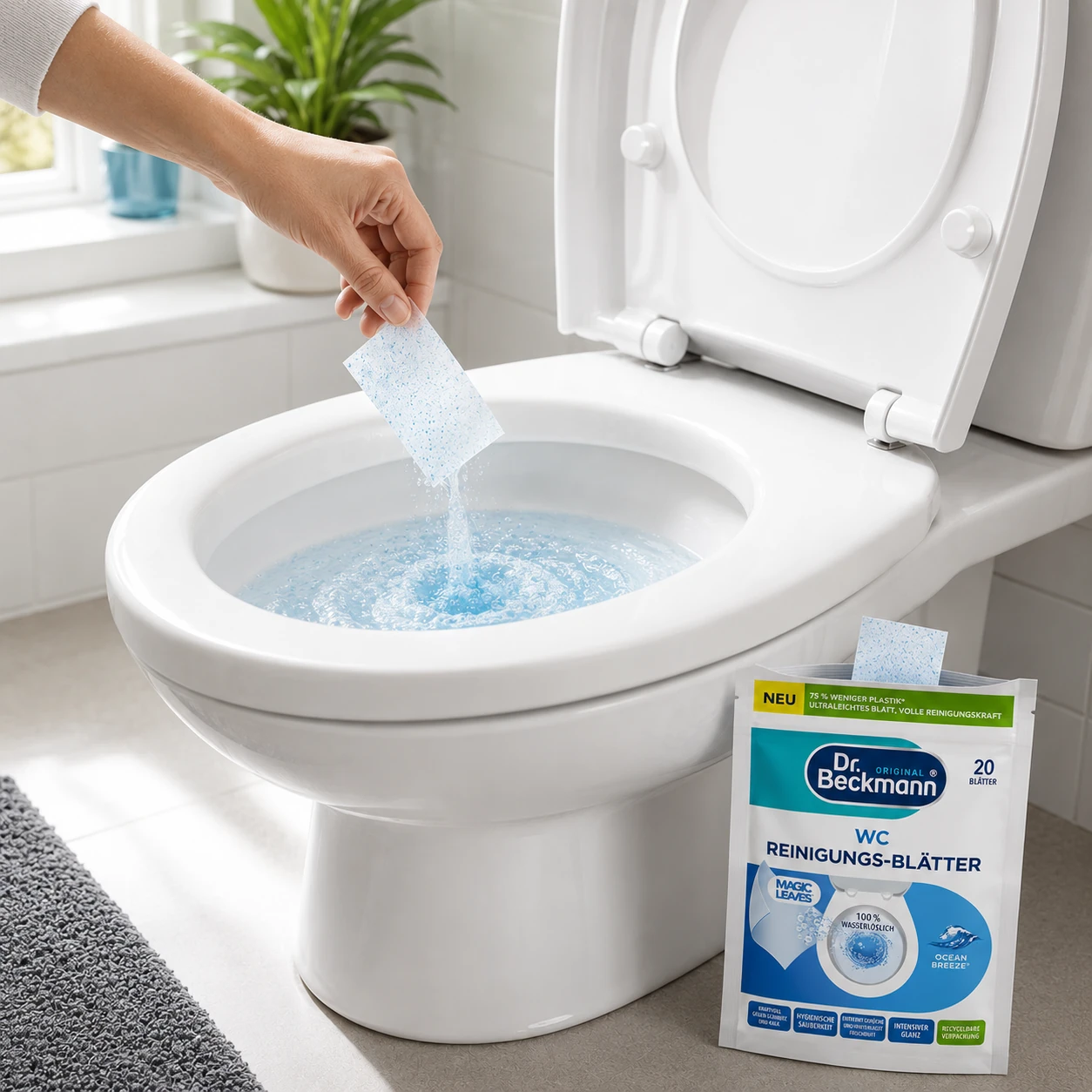 Dr. Beckmann WC Reinigingsbladeren Ocean Breeze lossen op in het toilet voor een krachtige reiniging
