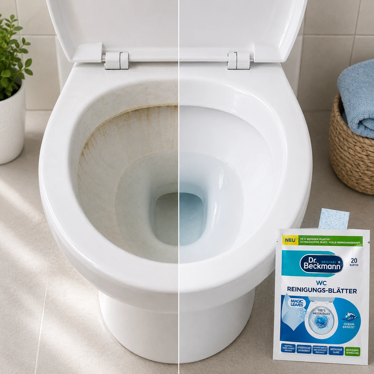Voor en na resultaat met Dr. Beckmann WC Reinigingsbladeren Ocean Breeze voor een hygiënisch schoon toilet