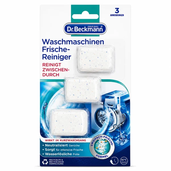 Dr. Beckmann Wasmachinereiniger 3 Tabletten verpakking op witte achtergrond