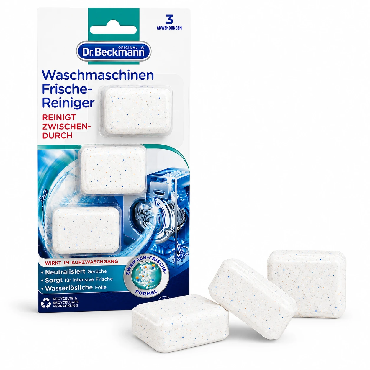 Dr. Beckmann Wasmachinereiniger verpakking met drie reinigingstabletten