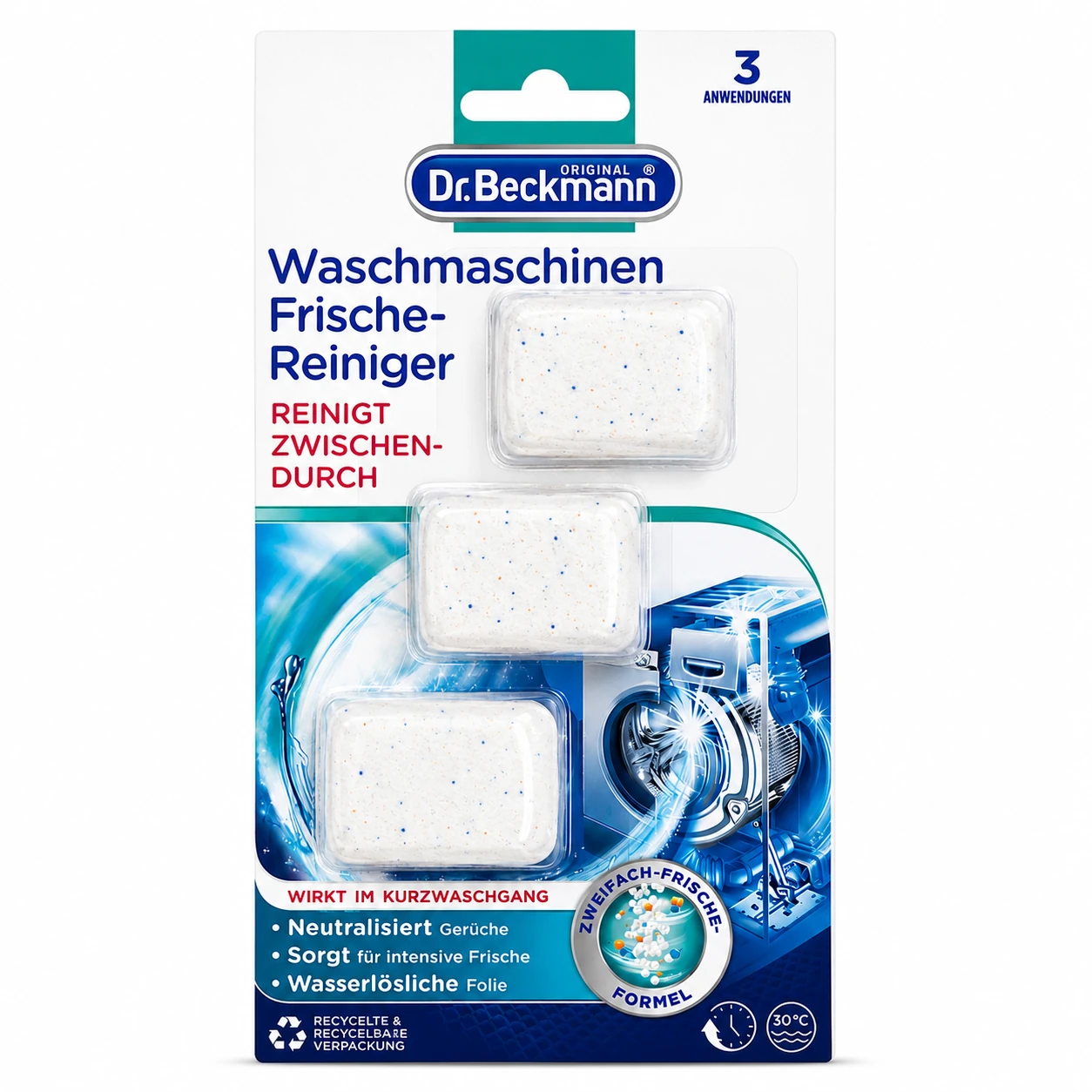 Dr. Beckmann Wasmachinereiniger 3 Tabletten verpakking op witte achtergrond