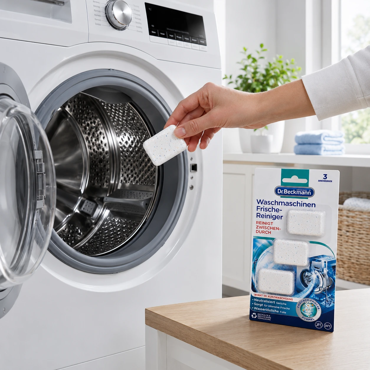 Dr. Beckmann Wasmachinereiniger tablet plaatsen in een lege wasmachine