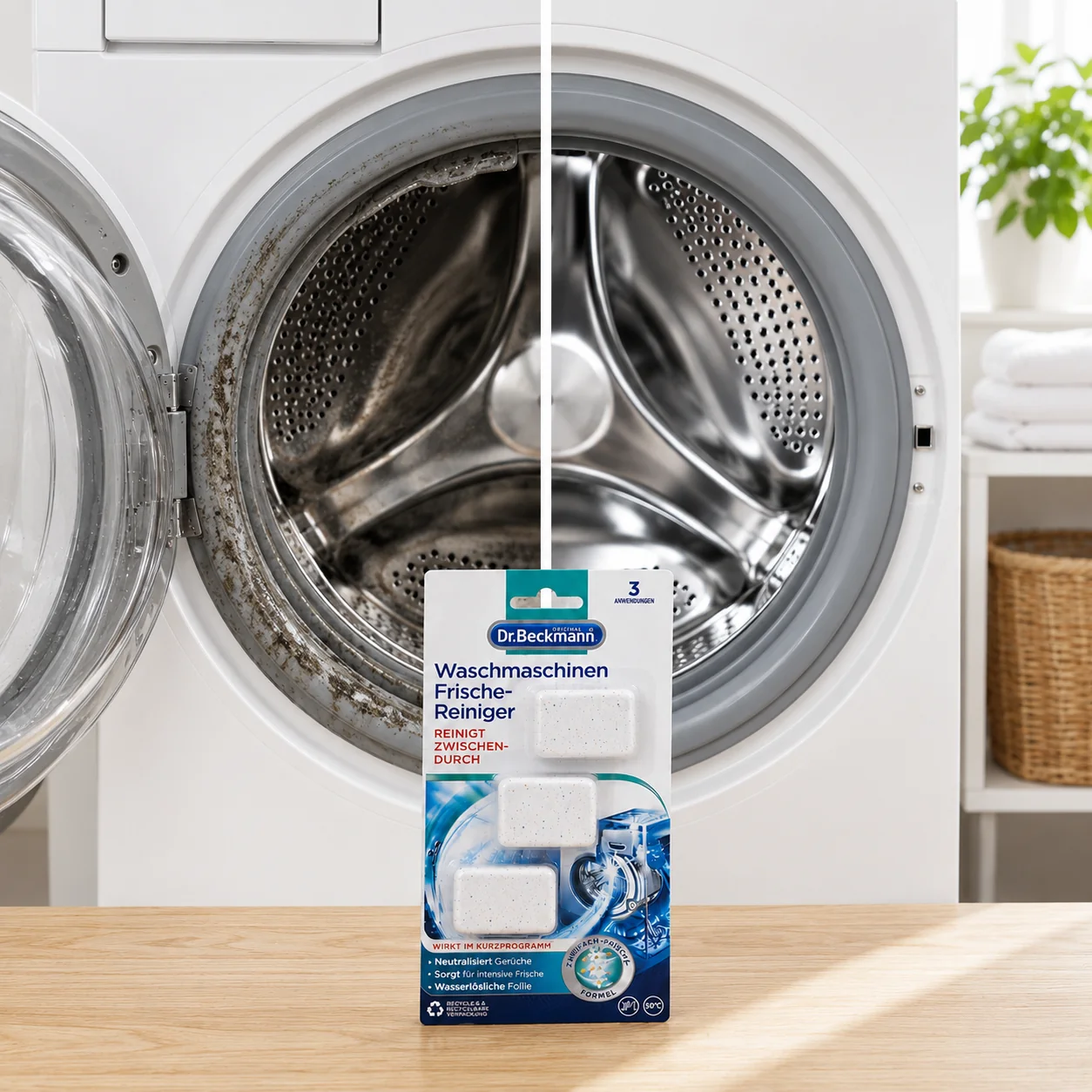 Voor en na resultaat van Dr. Beckmann Wasmachinereiniger in de wasmachine