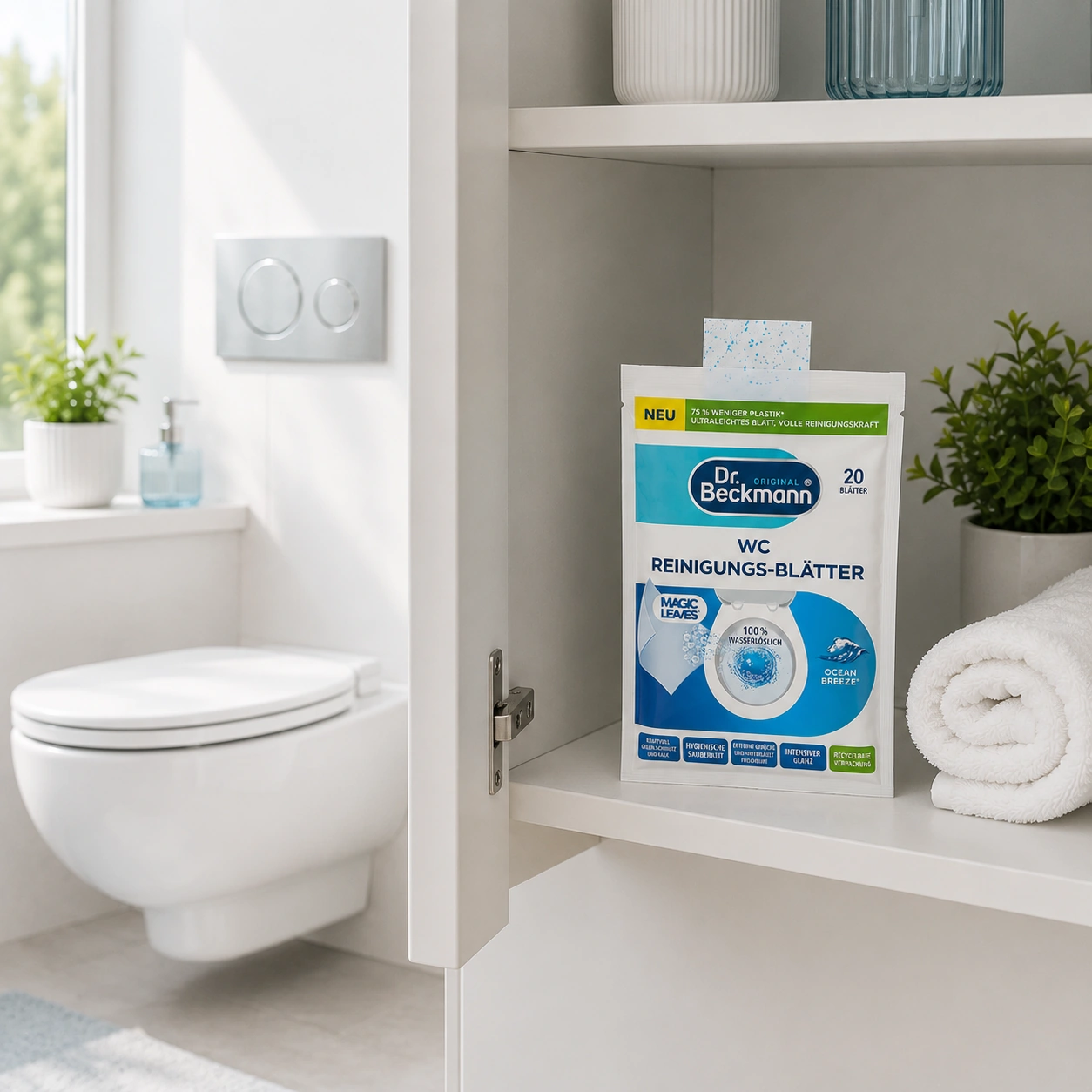 Dr. Beckmann WC Reinigingsbladeren Ocean Breeze compact opgeborgen in een badkamerkast