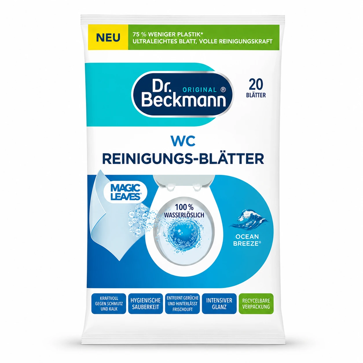 Dr. Beckmann WC Reinigingsbladeren Ocean Breeze verpakking met 20 wateroplosbare reinigingsbladeren
