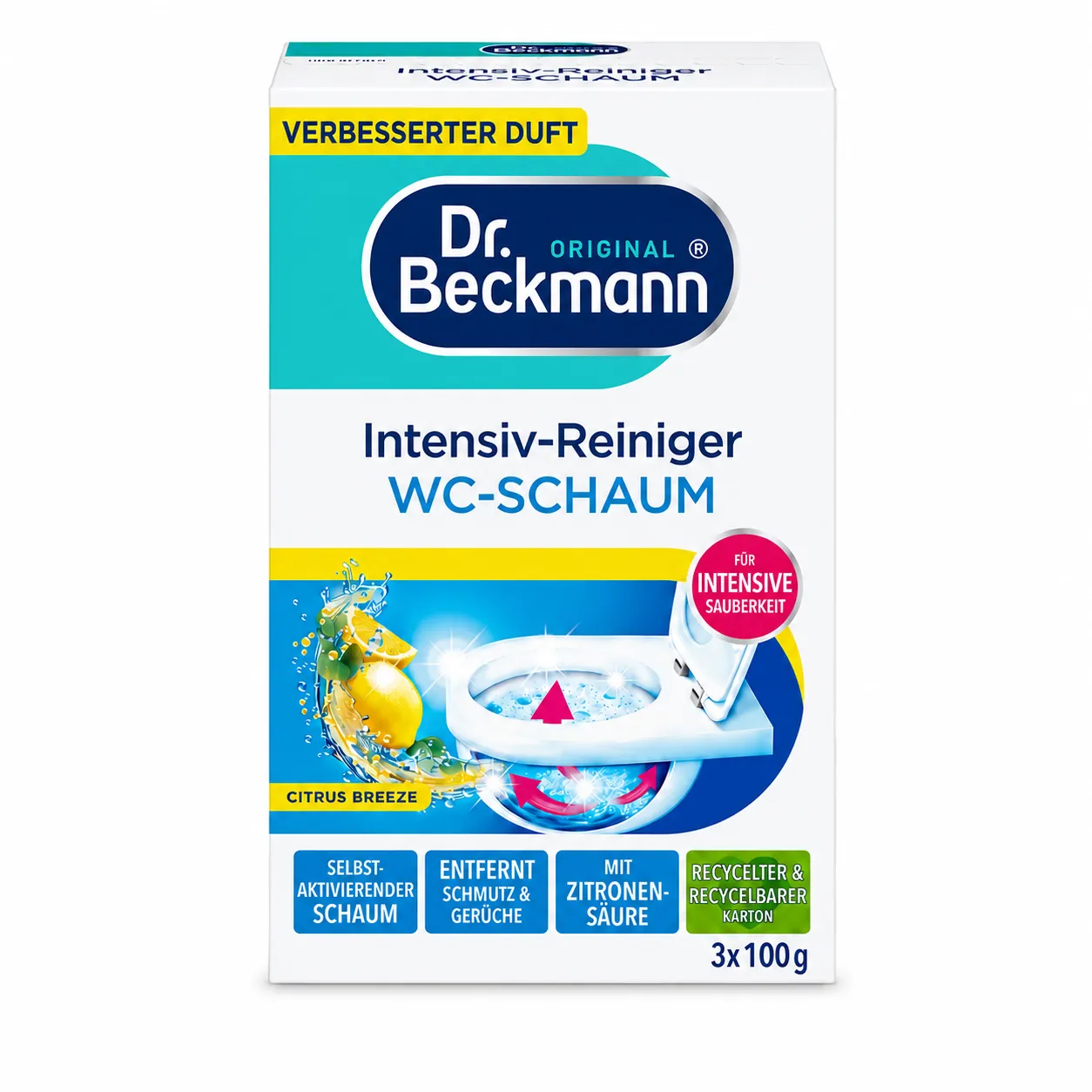 Dr. Beckmann WC-Schuim Citrus Breeze 3 x 100 g verpakking voor krachtige reiniging van het toilet