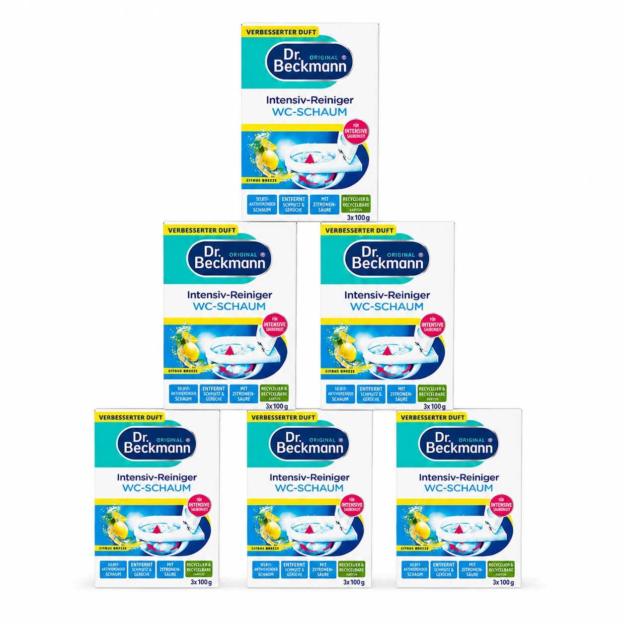 Dr. Beckmann WC-Schuim Citrus Breeze 6 stuks voordeelverpakking met zes originele verpakkingen