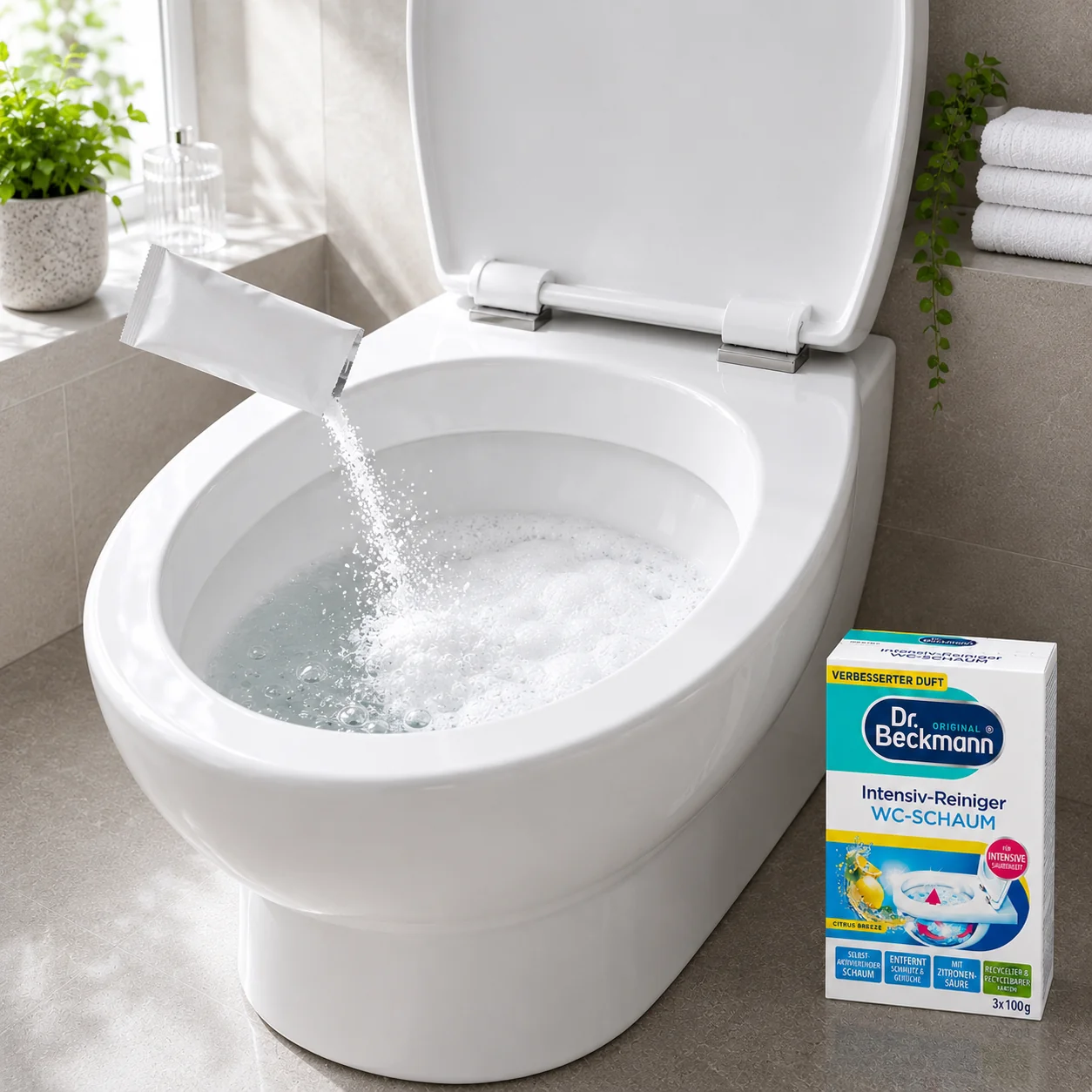 Dr. Beckmann WC-Schuim Citrus Breeze eenvoudig doseren in de toiletpot met doseerzakje