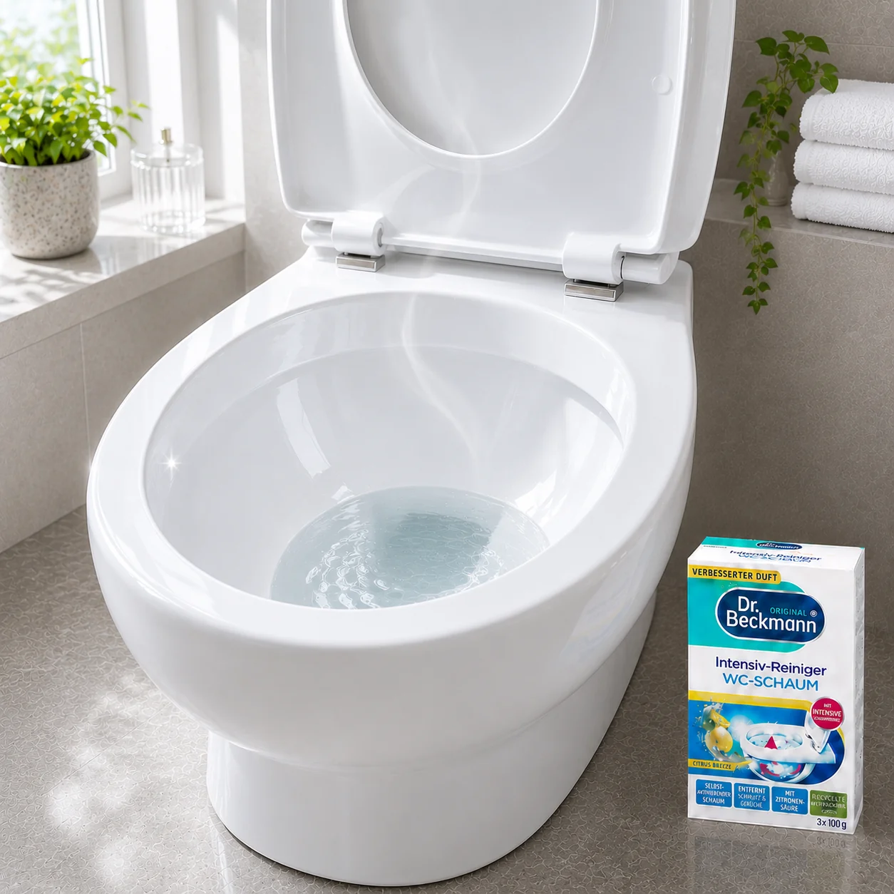 Dr. Beckmann WC-Schuim Citrus Breeze zorgt voor een frisse citrusgeur na het reinigen