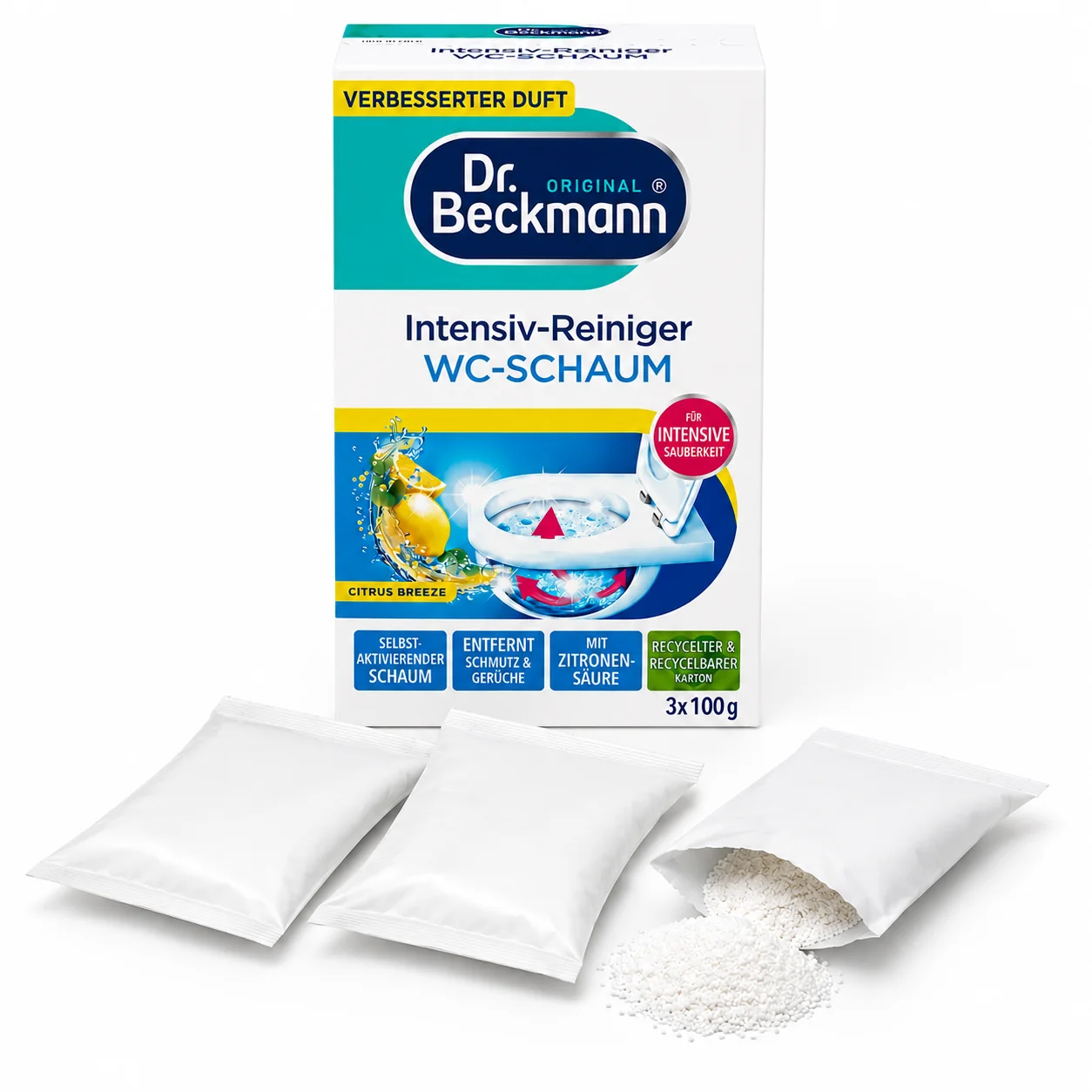 Dr. Beckmann WC-Schuim Citrus Breeze met drie doseerzakjes en fijn reinigingspoeder