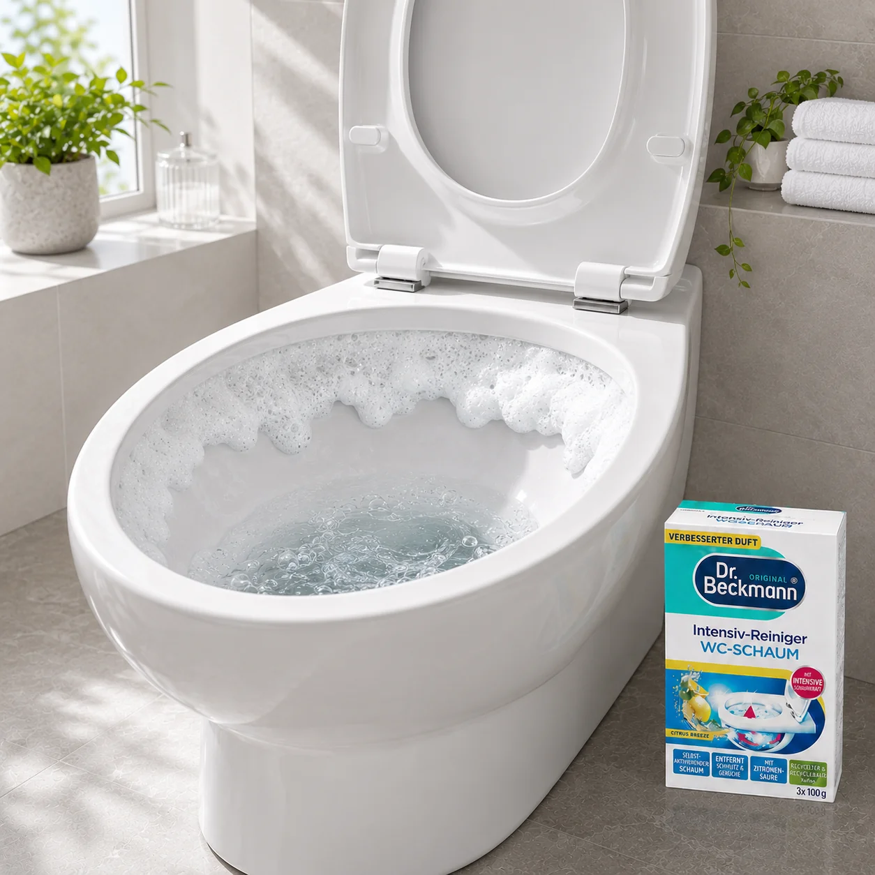 Dr. Beckmann WC-Schuim Citrus Breeze reinigt effectief onder de toiletrand met actief schuim