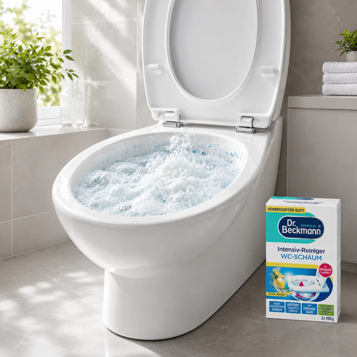 Dr. Beckmann WC-Schuim Citrus Breeze met rijk zelfactiverend schuim tijdens de reiniging