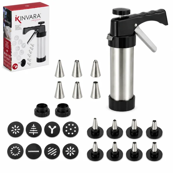 Kinvara Gebakspistool RVS met 16 accessoires inclusief 8 koekjesschijven en 6 RVS spuitmondjes