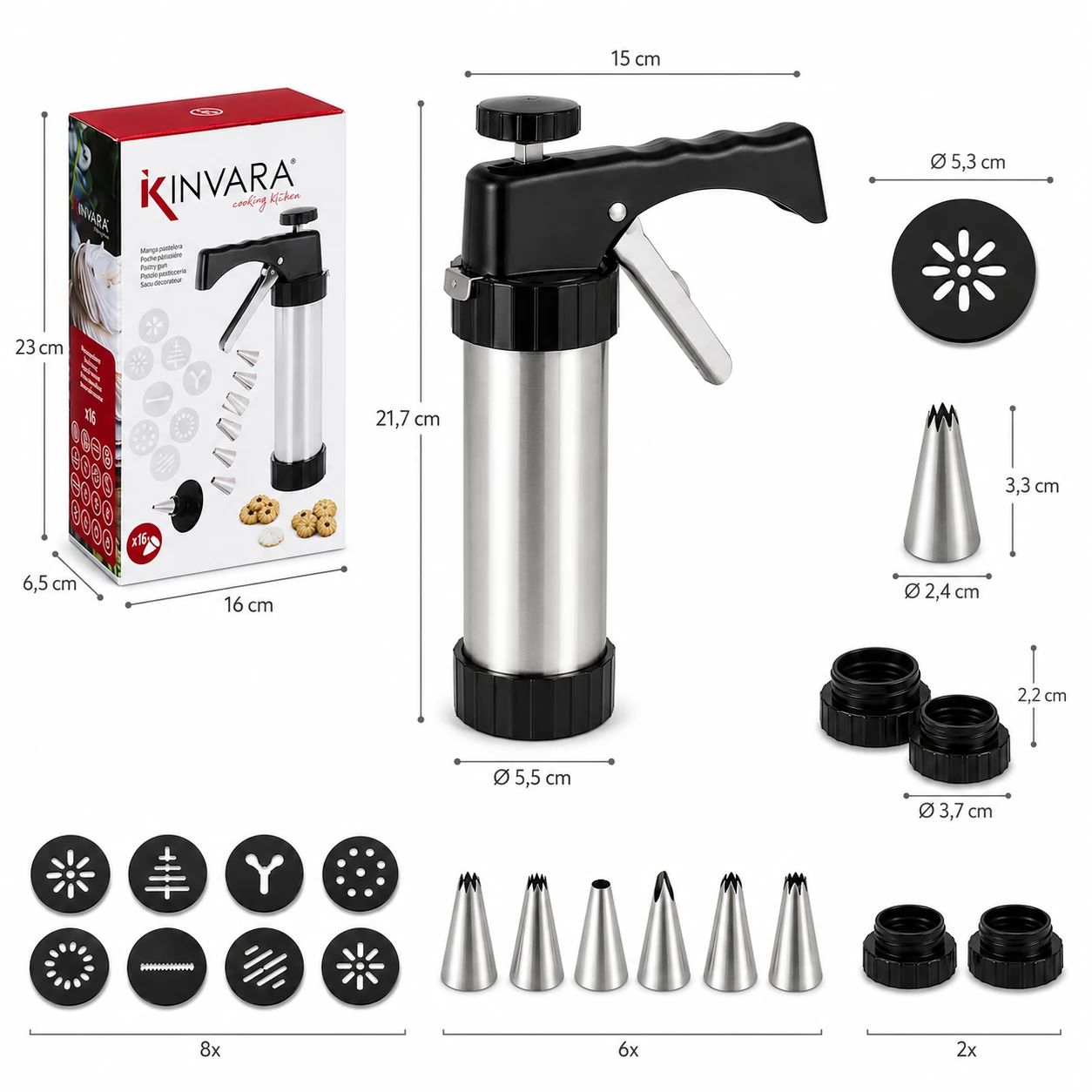 Kinvara Gebakspistool RVS afmetingen van gebakspistool, accessoires en verpakking