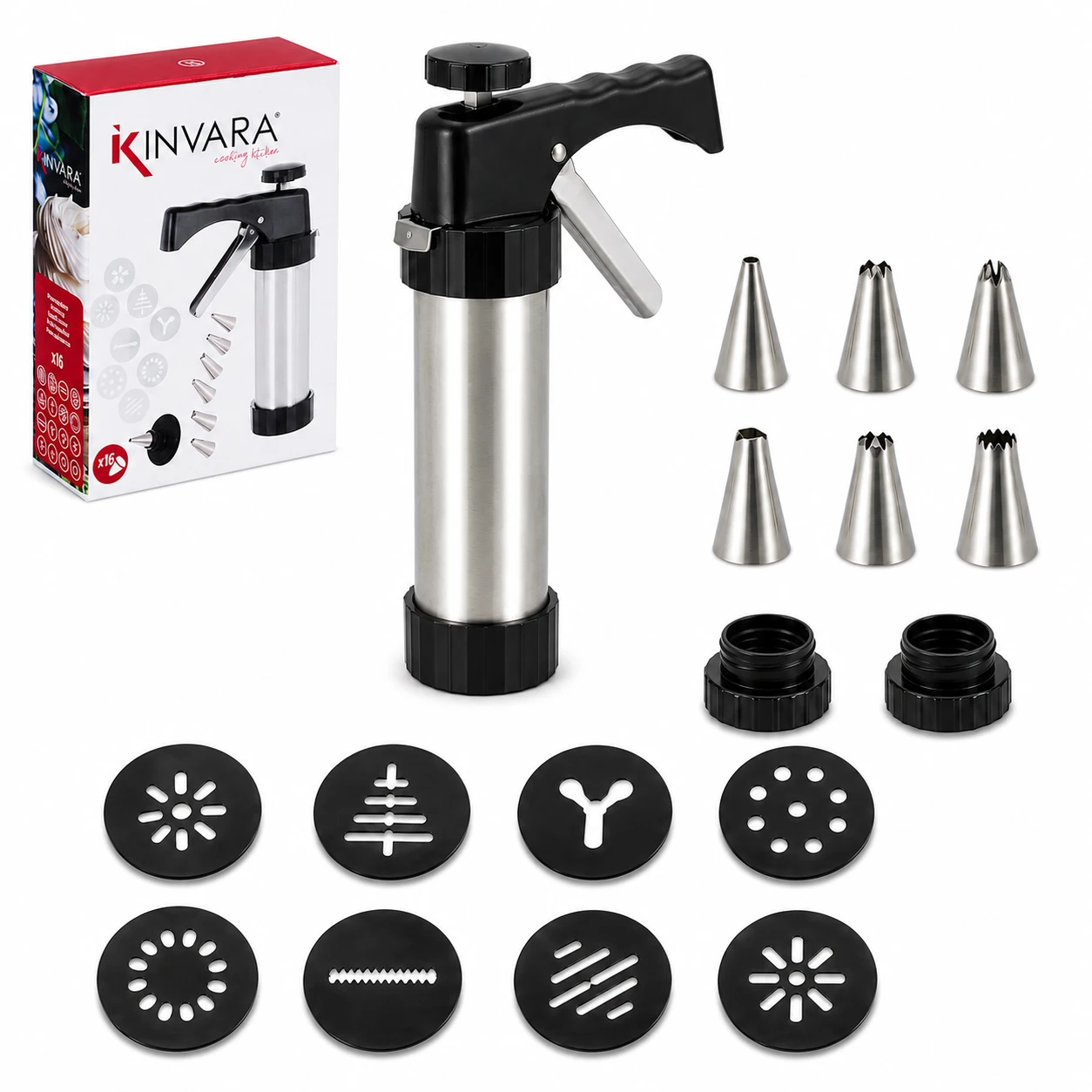 Kinvara Gebakspistool RVS complete set met 16 accessoires en alle meegeleverde onderdelen