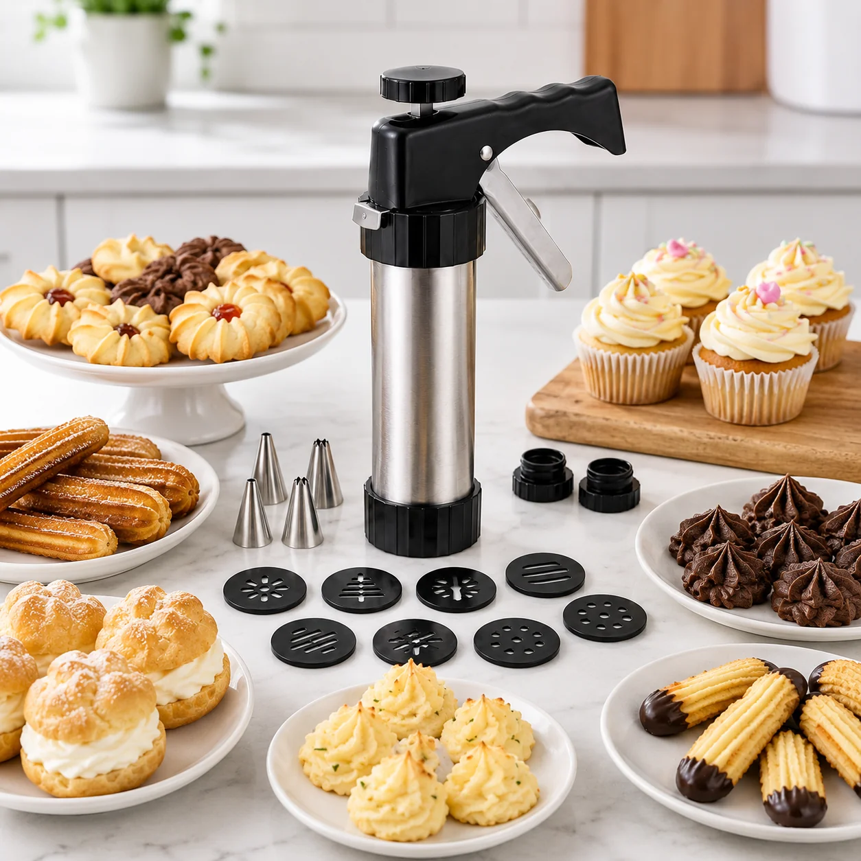 Kinvara Gebakspistool RVS voor koekjes, cupcakes, churros, soesjes en taartdecoratie