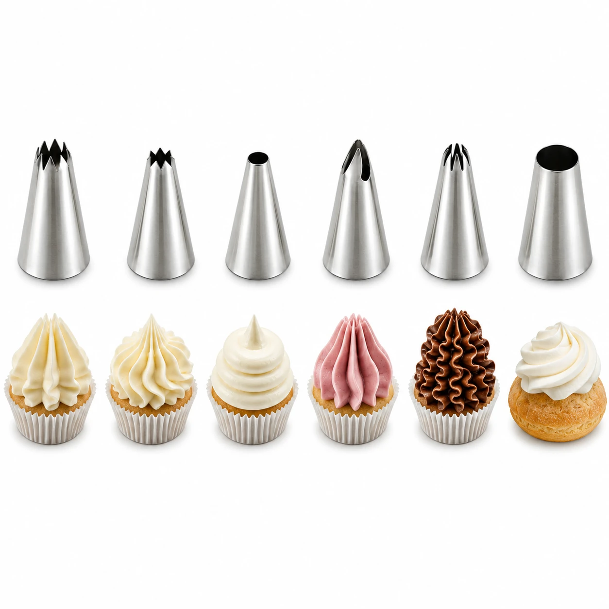 Kinvara Gebakspistool RVS met 6 RVS spuitmondjes voor decoreren van cupcakes en gebak
