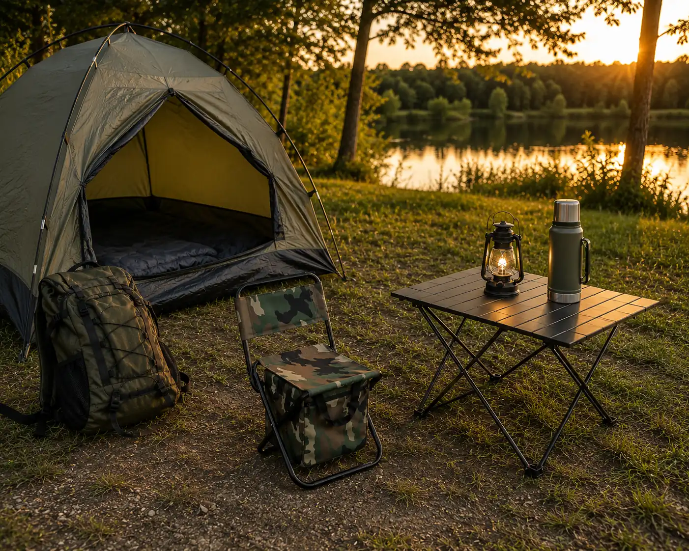 Mini Opvouwbare Visstoel met Opbergtas gebruikt op de camping naast een tent