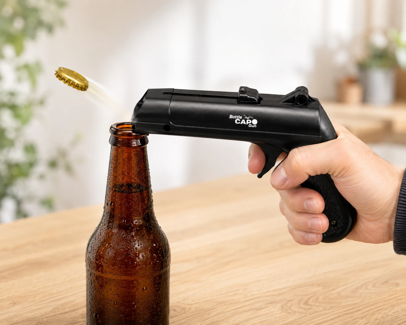 Out of the Blue Bottle Cap Gun lanceert bierdop tijdens openen van bierfles