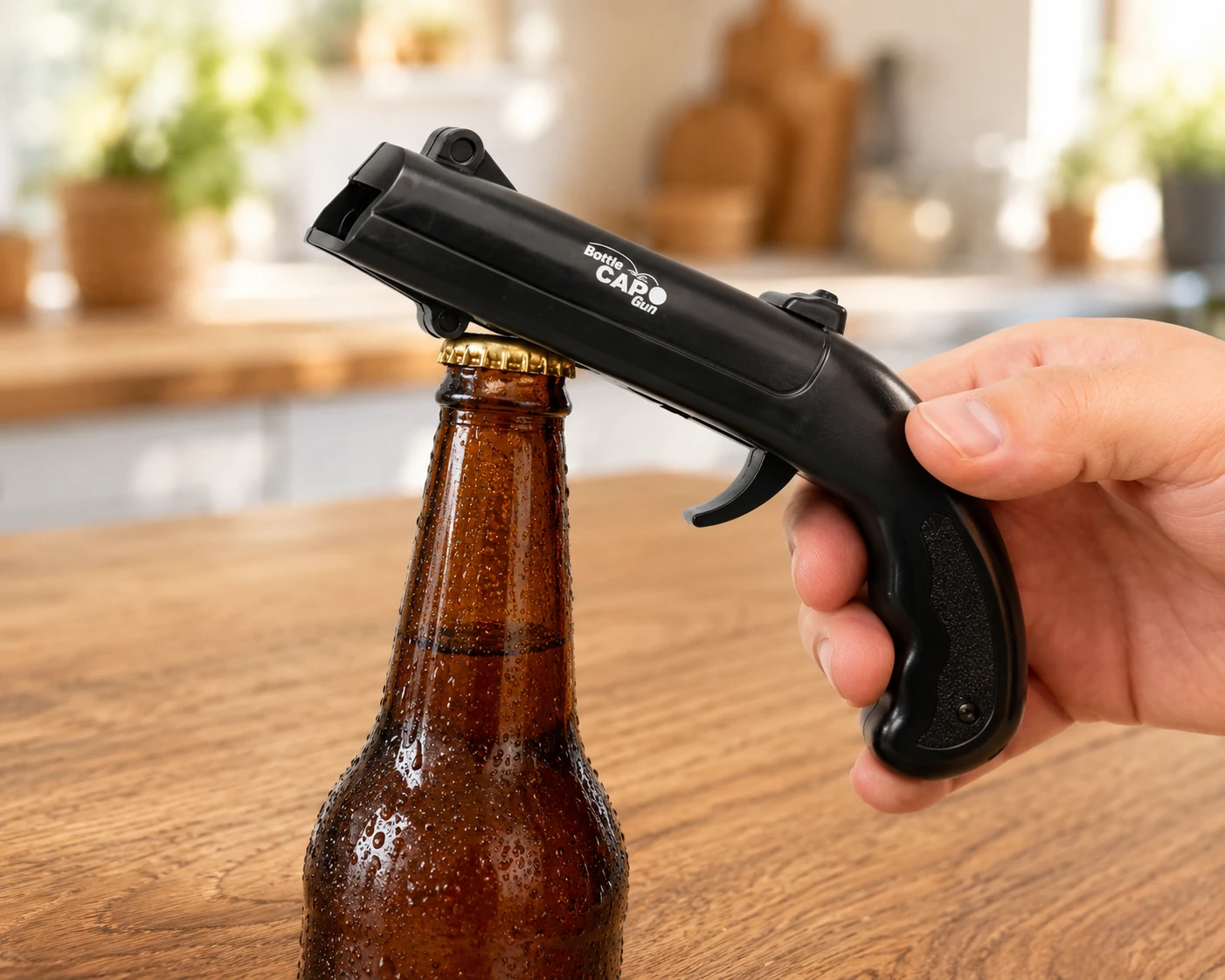 Out of the Blue Bottle Cap Gun opent bierfles met geïntegreerde flesopener